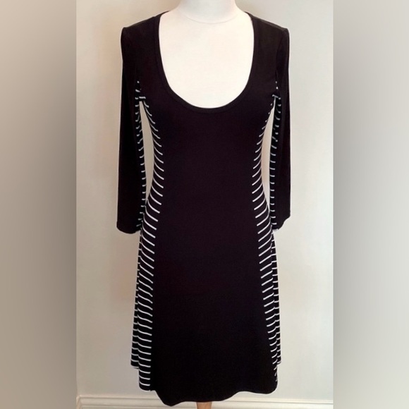 Calvin Klein Black White Striped 3/4” Sleeve Casual MIDI Dress Size Small - Picture 1 of 8